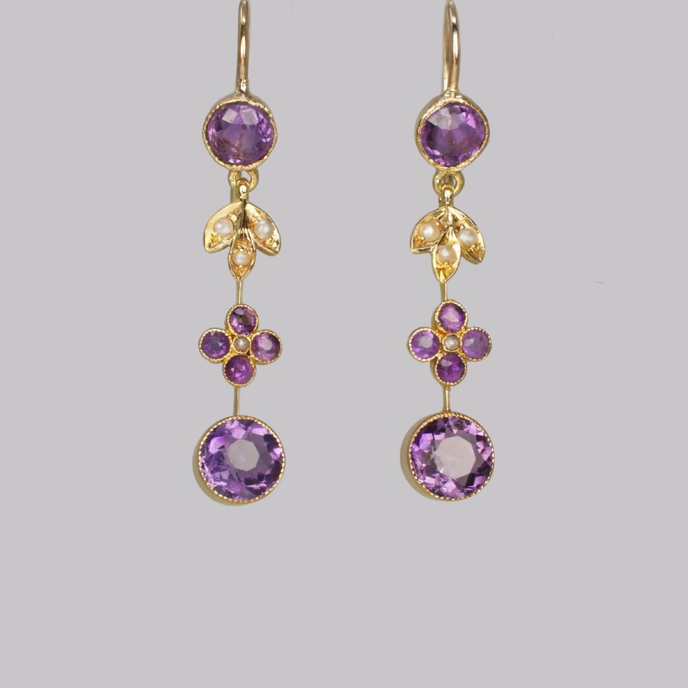 Victorian Amethyst & Seed Pearl Drop Earrings 18ct Gold Antique Floral Dangle Earrings