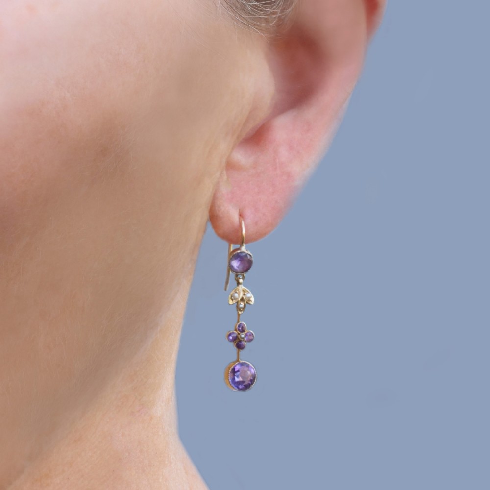 Victorian Amethyst & Seed Pearl Drop Earrings 18ct Gold Antique Floral Dangle Earrings View II