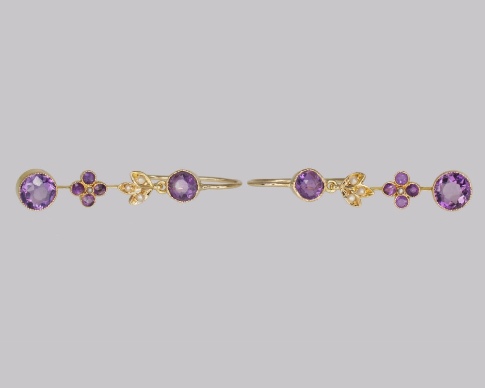 Victorian Amethyst & Seed Pearl Drop Earrings 18ct Gold Antique Floral Dangle Earrings View V