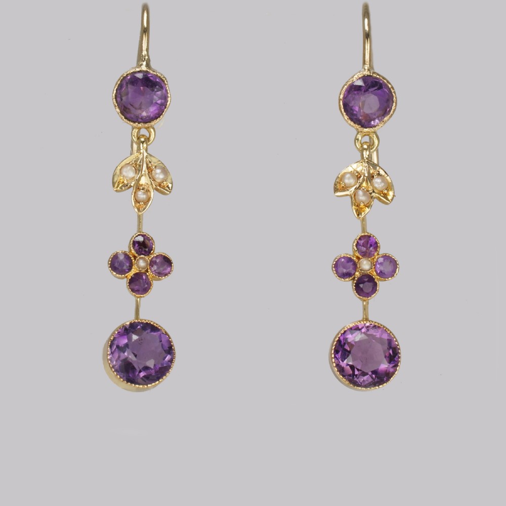 Victorian Amethyst & Seed Pearl Drop Earrings 18ct Gold Antique Floral Dangle Earrings View VI