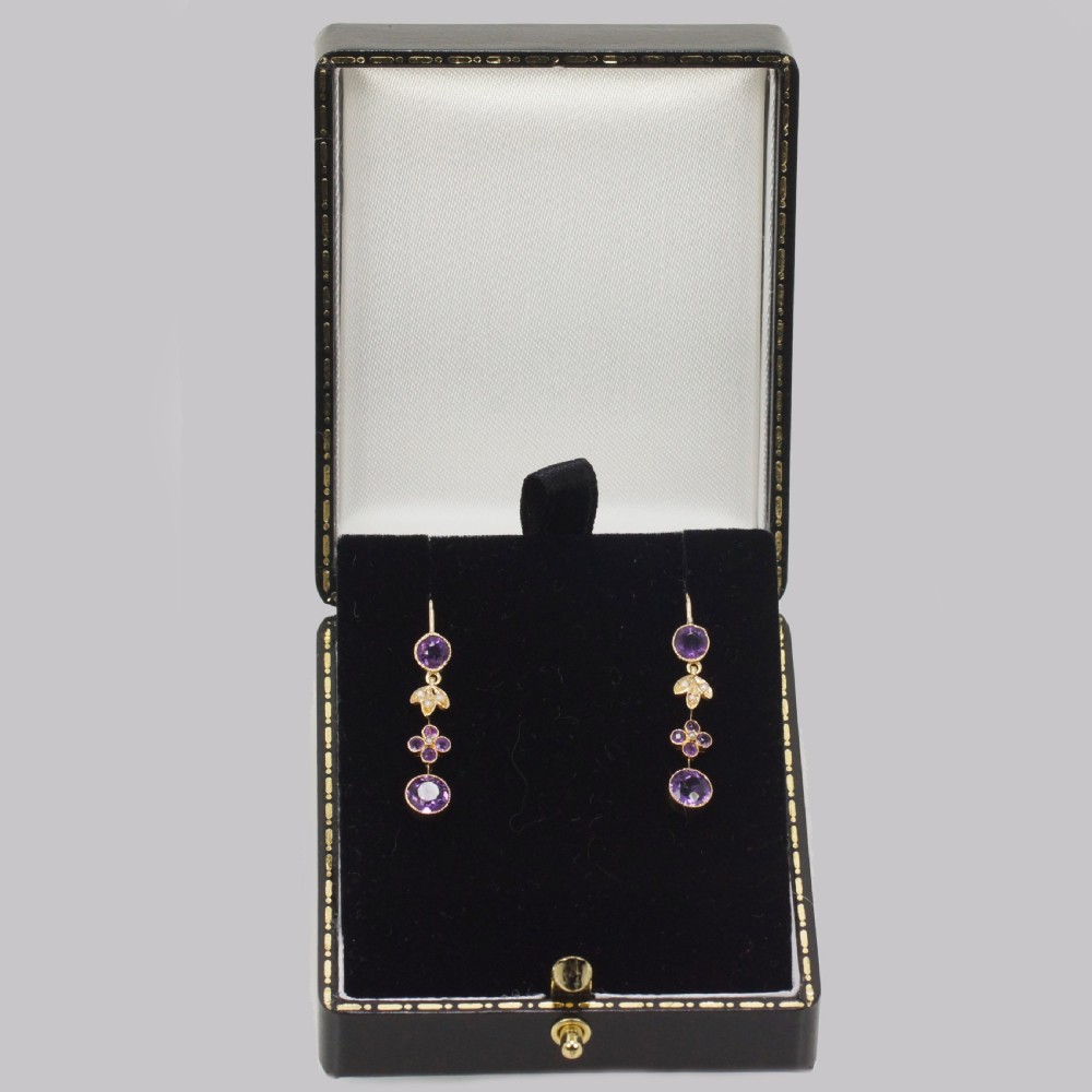 Victorian Amethyst & Seed Pearl Drop Earrings 18ct Gold Antique Floral Dangle Earrings View VII