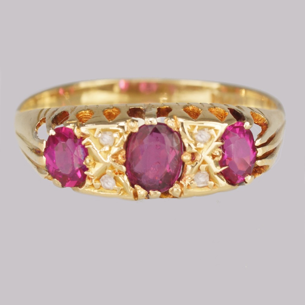 Antique Ruby & Diamond Ring Victorian 18ct Gold Diamond Ruby Trilogy Ring circa 1900