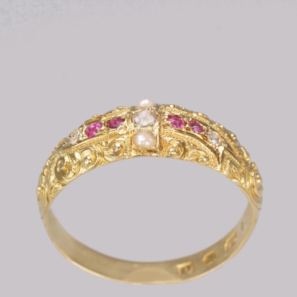 Victorian Ruby Diamond Pearl Ring Antique 18ct Gold Ring Hallmarked London 1882 View III