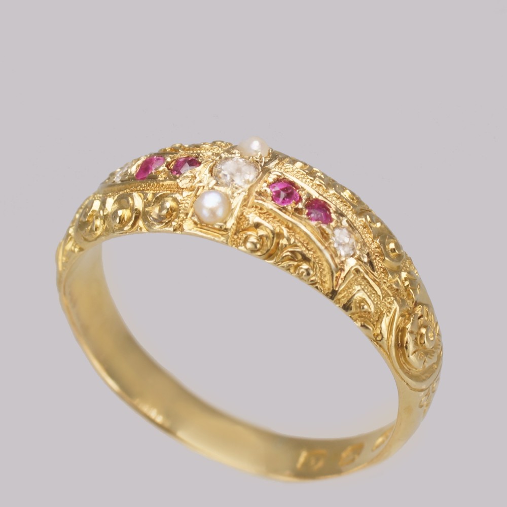 Victorian Ruby Diamond Pearl Ring Antique 18ct Gold Ring Hallmarked London 1882 View IV