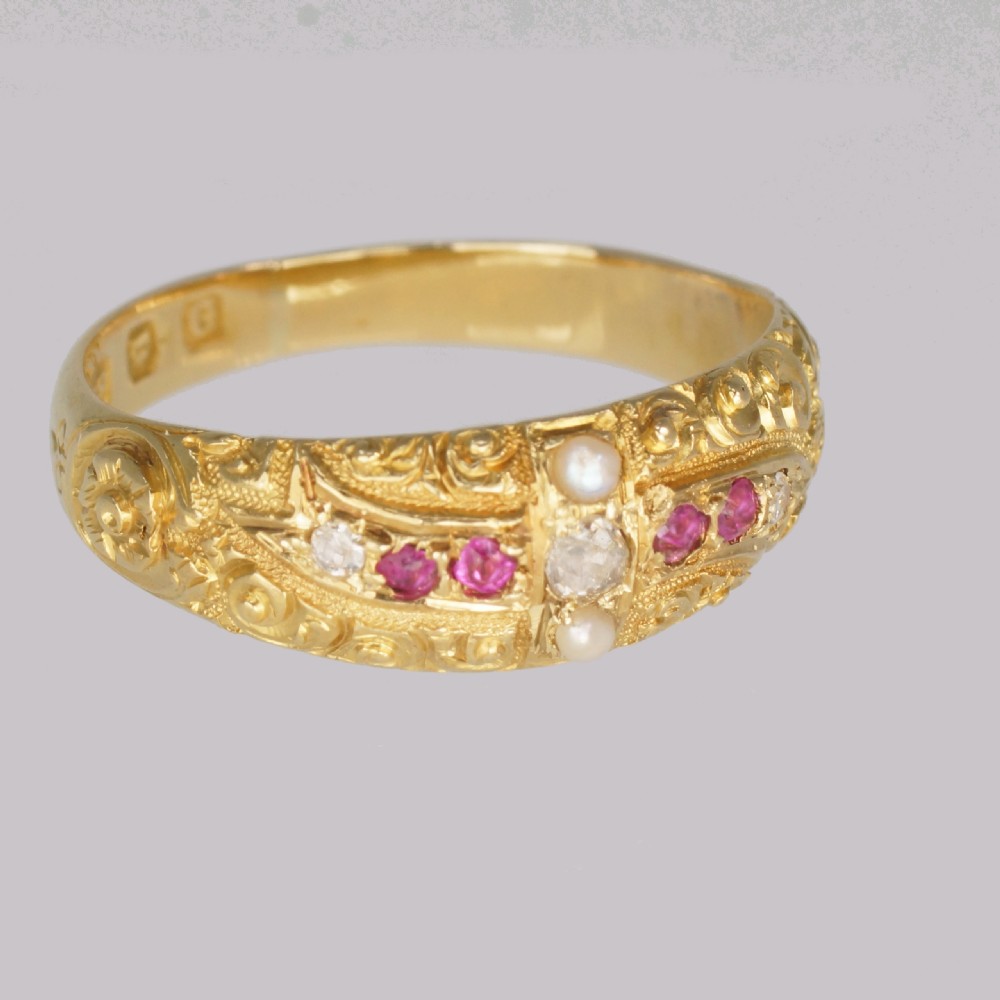 Victorian Ruby Diamond Pearl Ring Antique 18ct Gold Ring Hallmarked London 1882 View VII