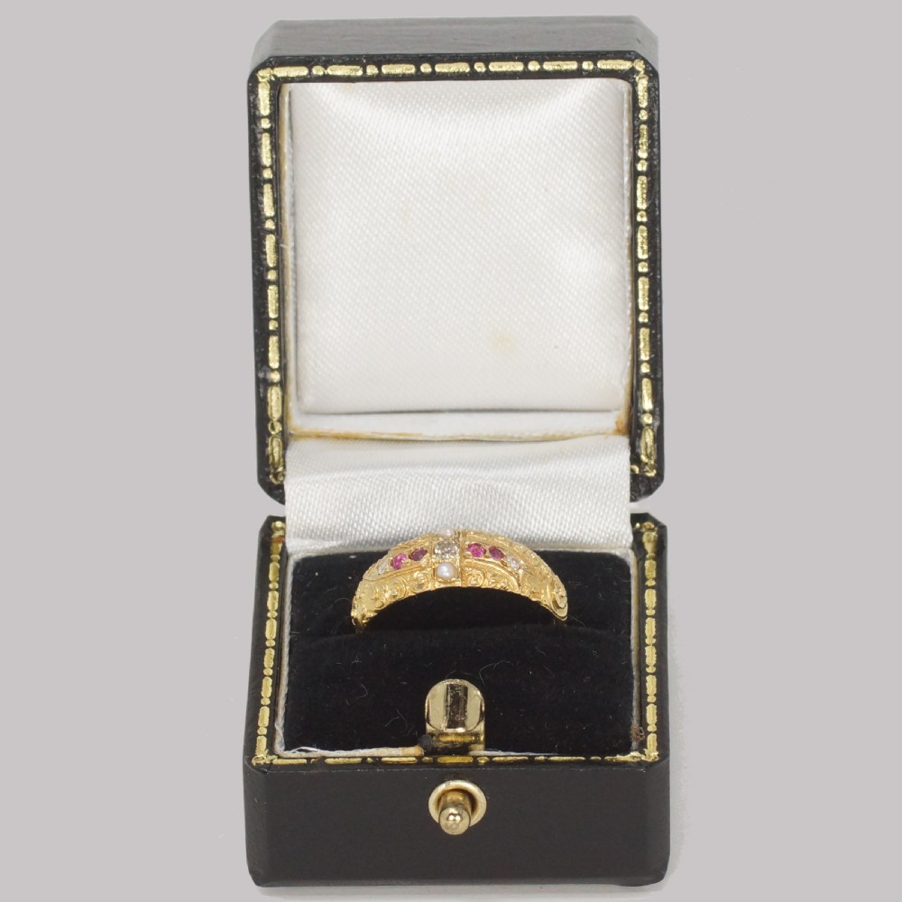Victorian Ruby Diamond Pearl Ring Antique 18ct Gold Ring Hallmarked London 1882 View X