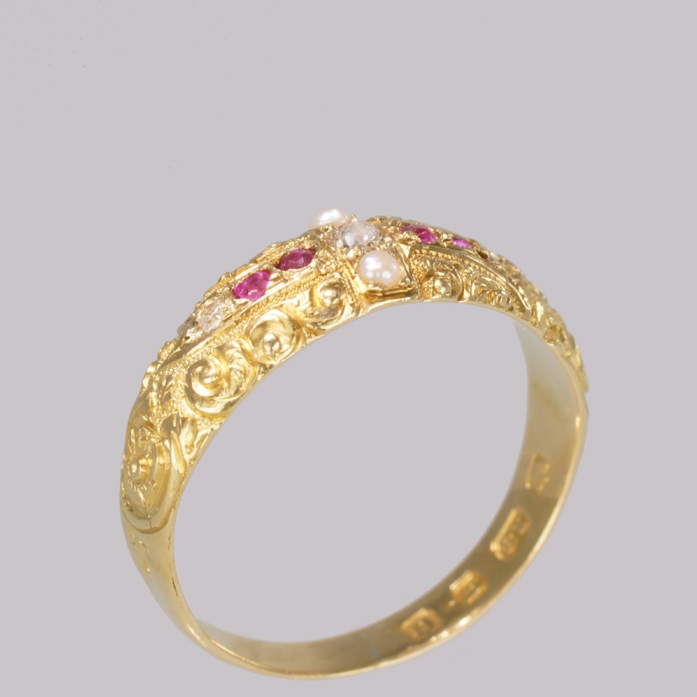 Victorian Ruby Diamond Pearl Ring Antique 18ct Gold Ring Hallmarked London 1882 View XII