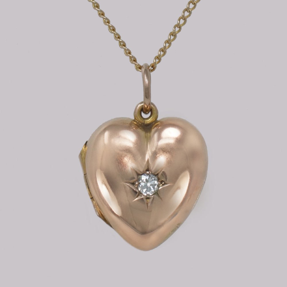 Victorian Diamond Heart Locket 9ct Gold Hinged Puff Heart Pendant & Chain circa 1890