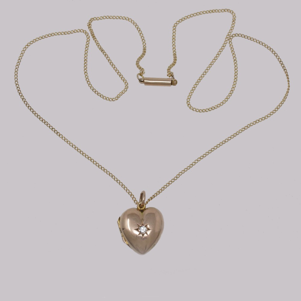 Victorian Diamond Heart Locket 9ct Gold Hinged Puff Heart Pendant & Chain circa 1890 View II