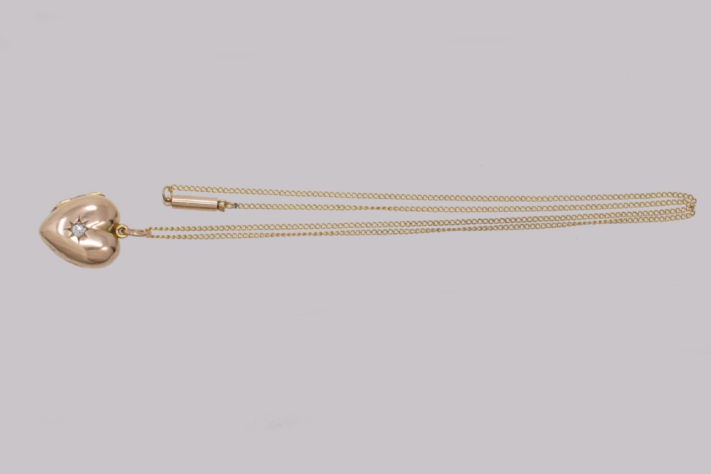Victorian Diamond Heart Locket 9ct Gold Hinged Puff Heart Pendant & Chain circa 1890 View V