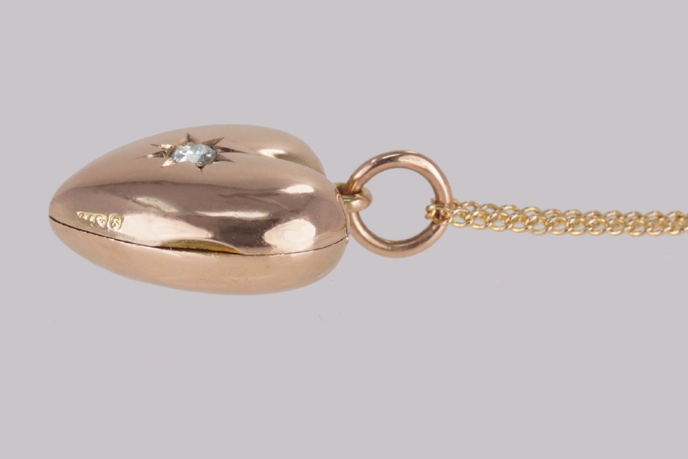 Victorian Diamond Heart Locket 9ct Gold Hinged Puff Heart Pendant & Chain circa 1890 View VIII