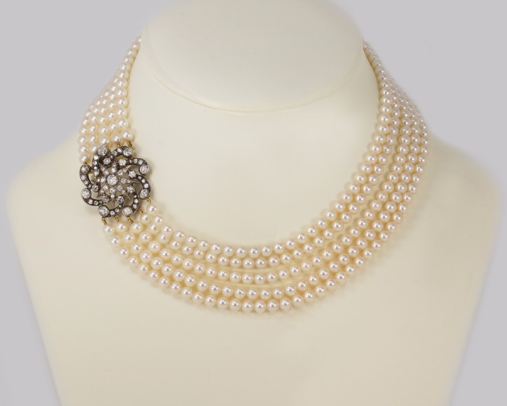 Vintage Pearl Necklace with 4.0ct Old Cut Diamond Edwardian Clasp Five Strand 16
