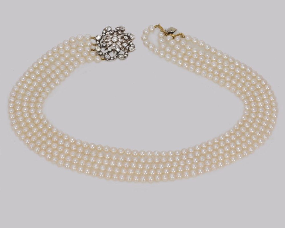 Vintage Pearl Necklace with 4.0ct Old Cut Diamond Edwardian Clasp Five Strand 16