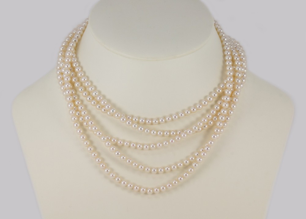 Vintage Pearl Necklace with 4.0ct Old Cut Diamond Edwardian Clasp Five Strand 16