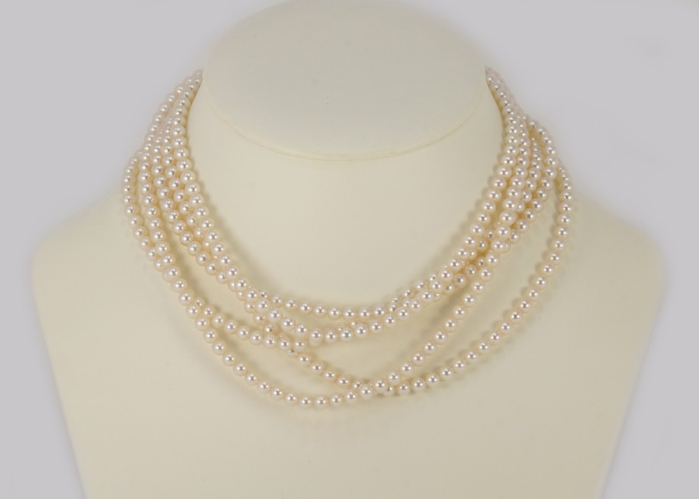Vintage Pearl Necklace with 4.0ct Old Cut Diamond Edwardian Clasp Five Strand 16
