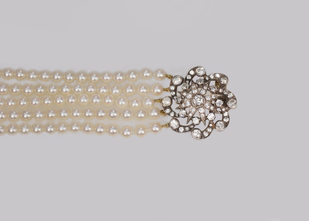 Vintage Pearl Necklace with 4.0ct Old Cut Diamond Edwardian Clasp Five Strand 16