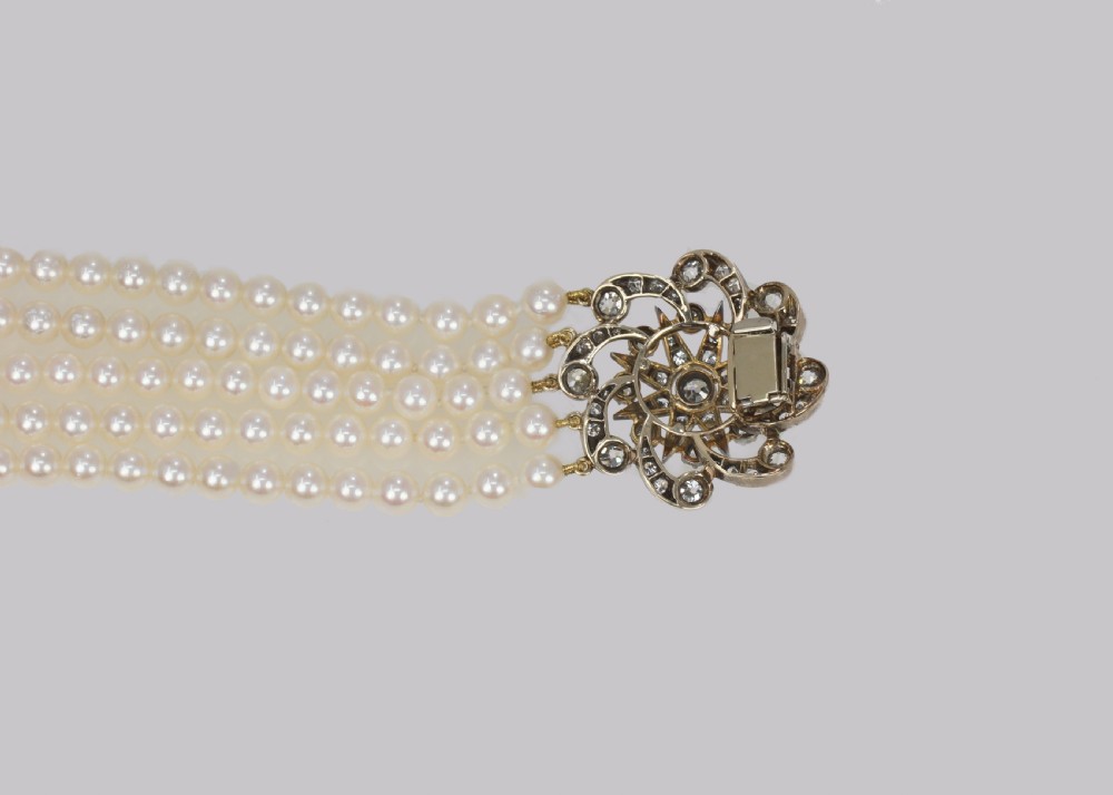 Vintage Pearl Necklace with 4.0ct Old Cut Diamond Edwardian Clasp Five Strand 16