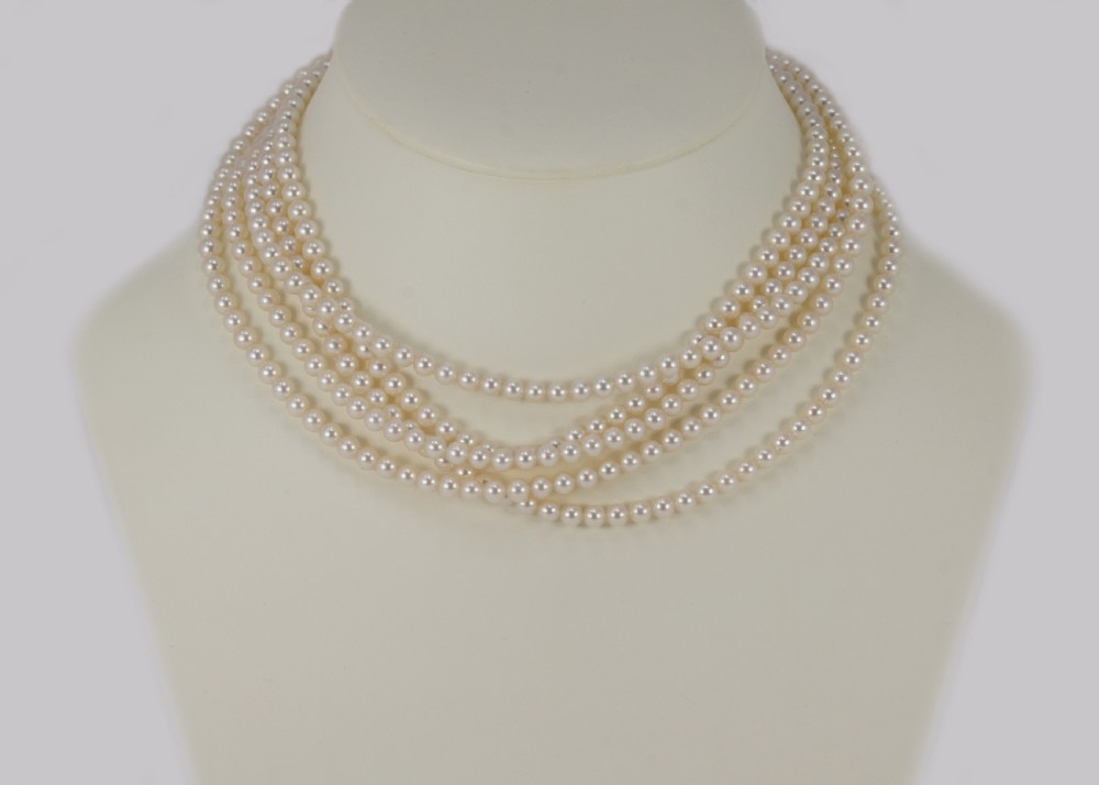 Vintage Pearl Necklace with 4.0ct Old Cut Diamond Edwardian Clasp Five Strand 16