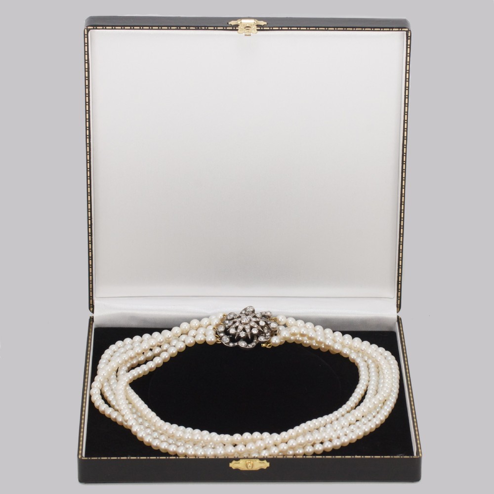Vintage Pearl Necklace with 4.0ct Old Cut Diamond Edwardian Clasp Five Strand 16