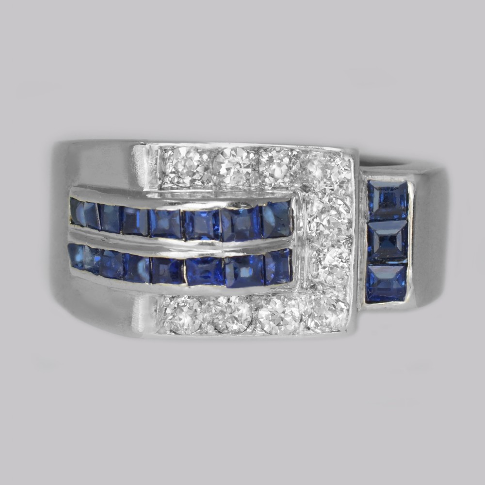Diamond & Sapphire Art Deco Ring 18ct Gold 1930's Vintage Large Retro Dress Ring
 View V
