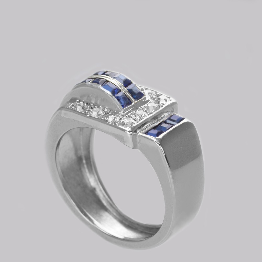 Diamond & Sapphire Art Deco Ring 18ct Gold 1930's Vintage Large Retro Dress Ring
 View VI