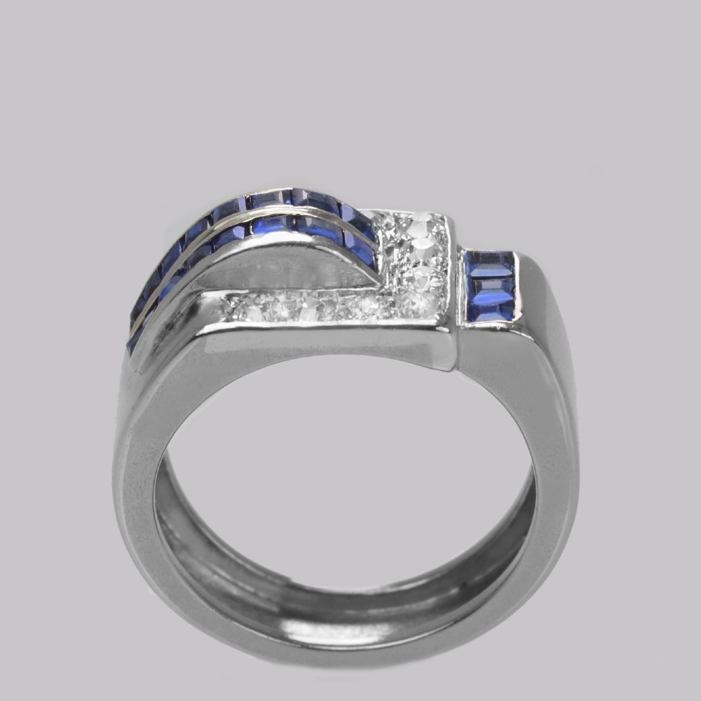 Diamond & Sapphire Art Deco Ring 18ct Gold 1930's Vintage Large Retro Dress Ring
 View VII