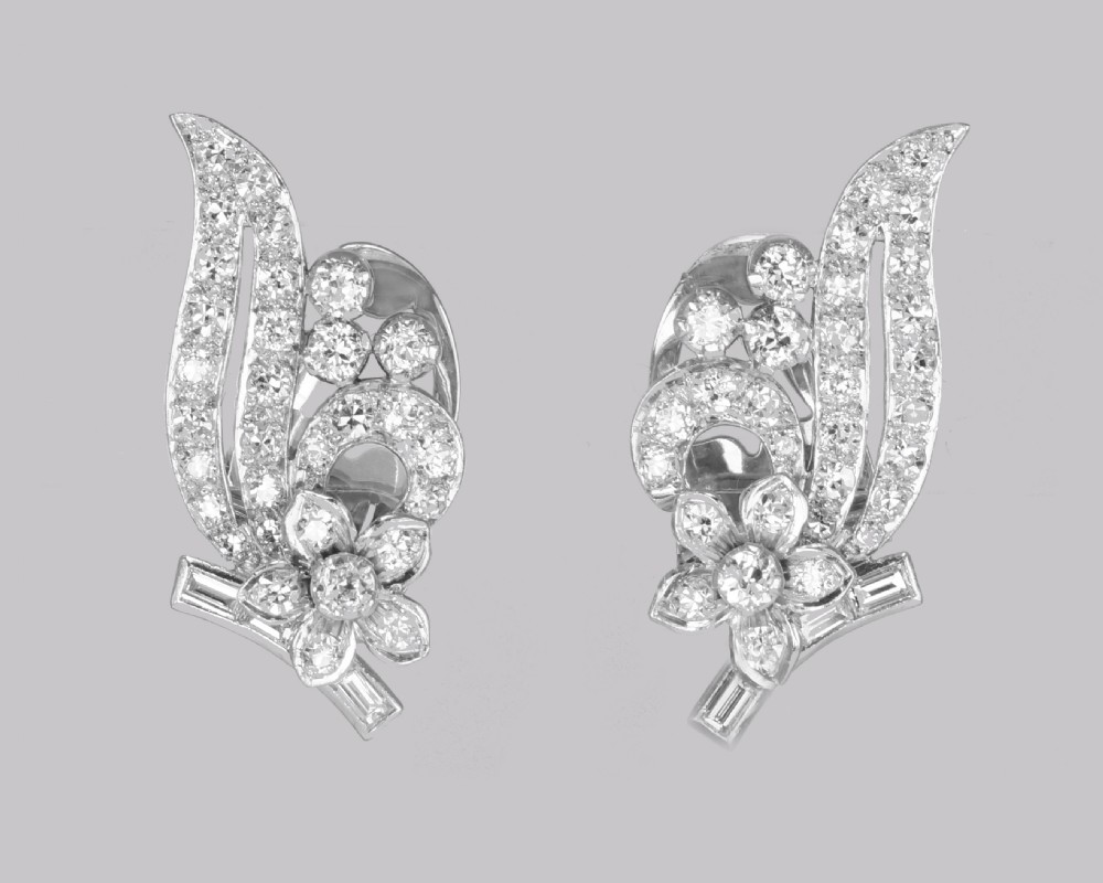 Art Deco Platinum Diamond Earrings 1930s Floral Scroll Clip On Antique Earrings View III