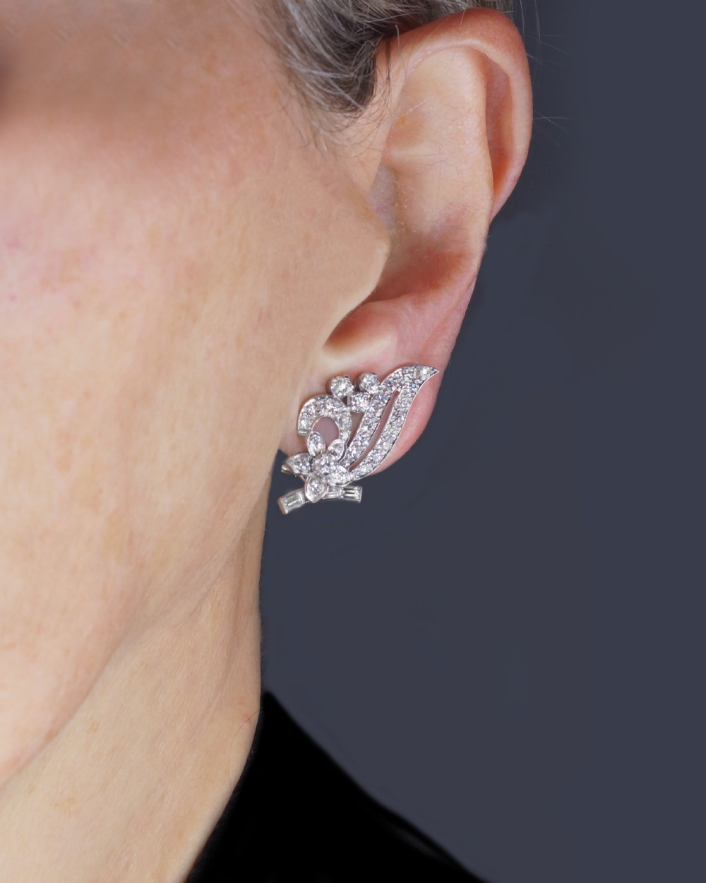 Art Deco Platinum Diamond Earrings 1930s Floral Scroll Clip On Antique Earrings View IX