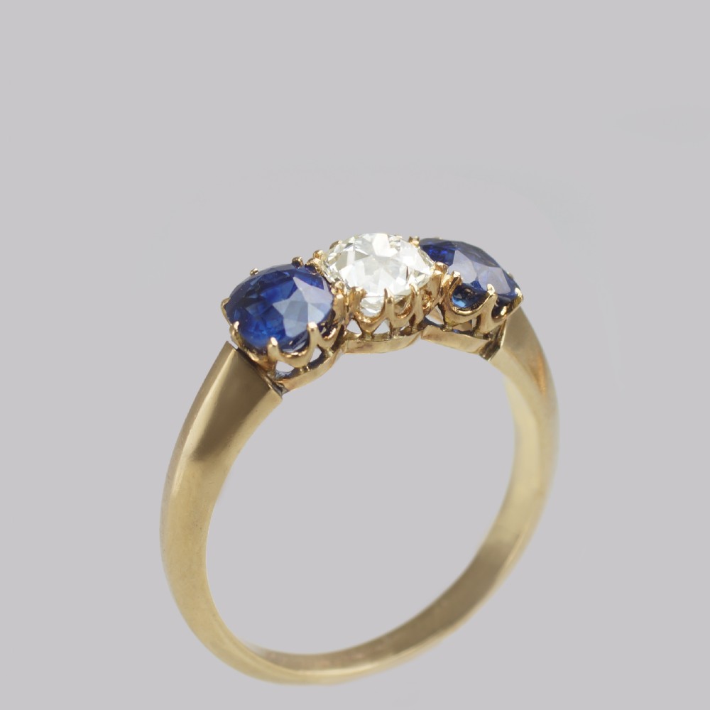 Antique Sapphire & Diamond Trilogy Ring Victorian 18ct Gold Old Cut Diamond Ring View VI