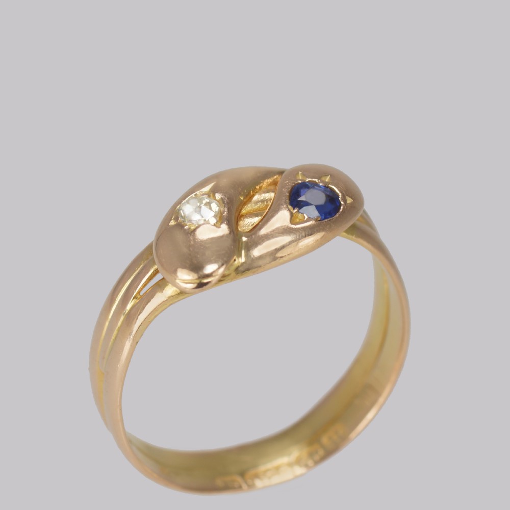 Victorian Snake Ring Old Mine Cut Diamond & Sapphire 15ct Gold Serpent Ring Birmingham 1894 View VI