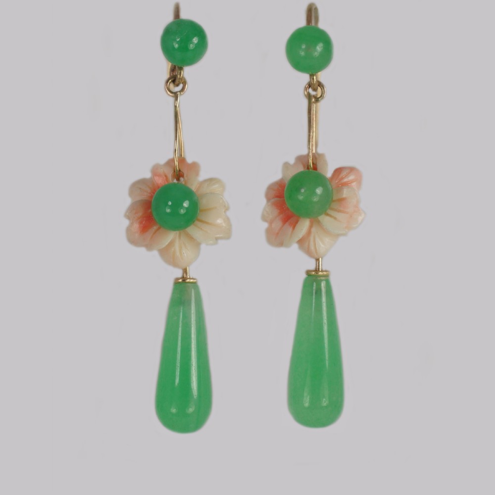 Antique Jade & Coral Drop Earrings 18ct Gold Dangle Floral Edwardian Earrings