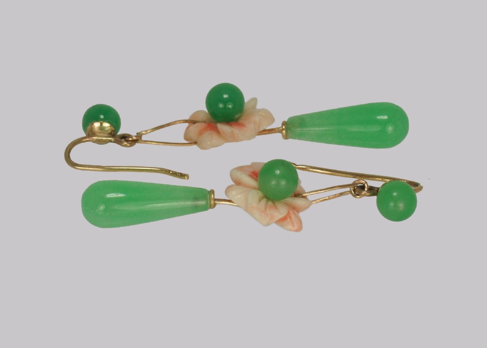 Antique Jade & Coral Drop Earrings 18ct Gold Dangle Floral Edwardian Earrings View II