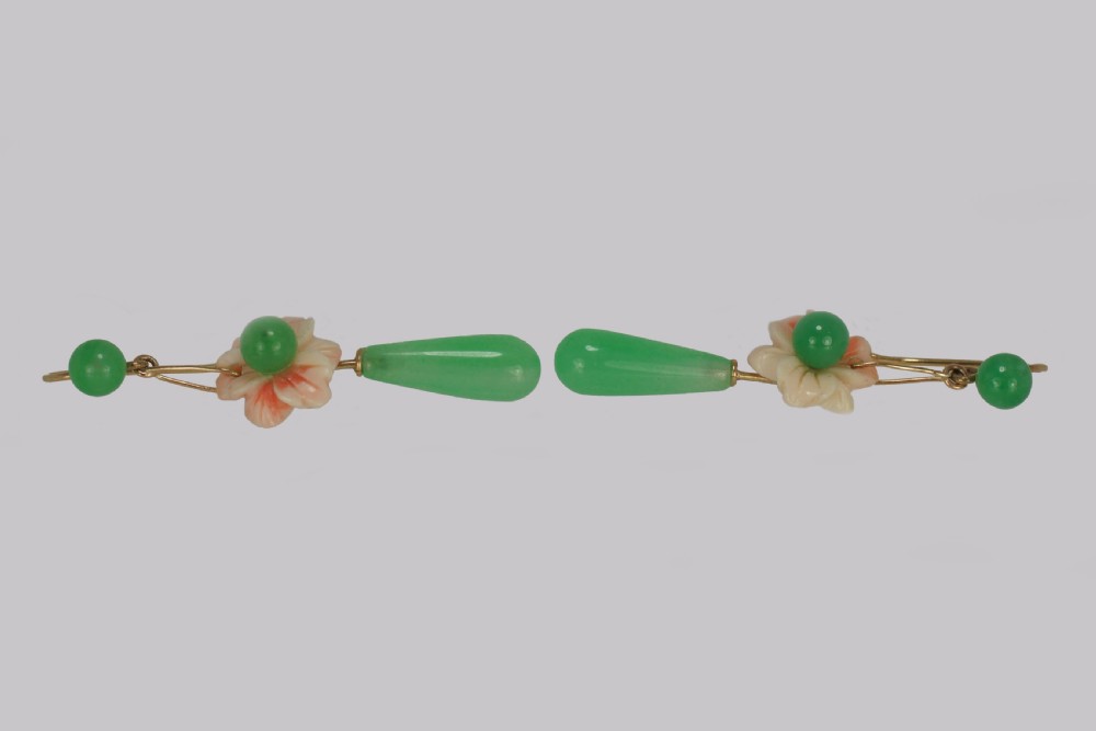 Antique Jade & Coral Drop Earrings 18ct Gold Dangle Floral Edwardian Earrings View III