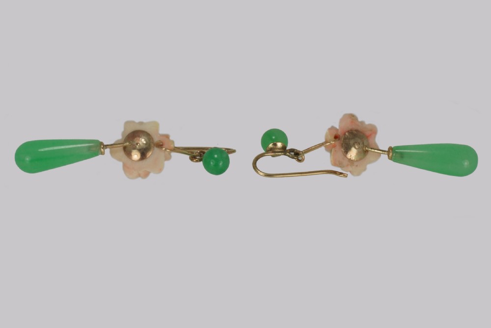 Antique Jade & Coral Drop Earrings 18ct Gold Dangle Floral Edwardian Earrings View IV