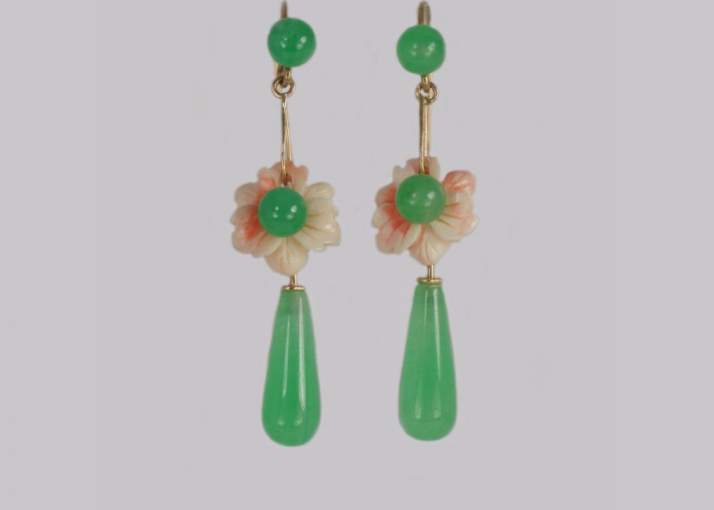 Antique Jade & Coral Drop Earrings 18ct Gold Dangle Floral Edwardian Earrings View VI