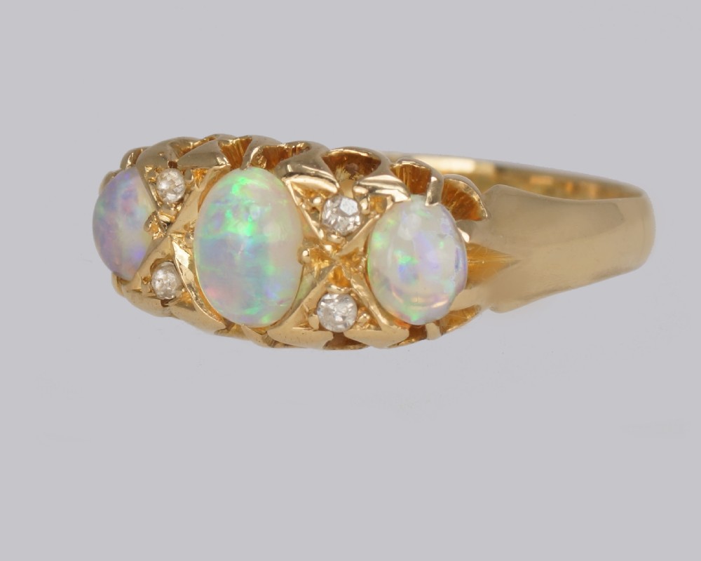 Antique Opal & Old Cut Diamond 18ct Gold Vintage Trilogy Ring Hallmarked 1917 View V