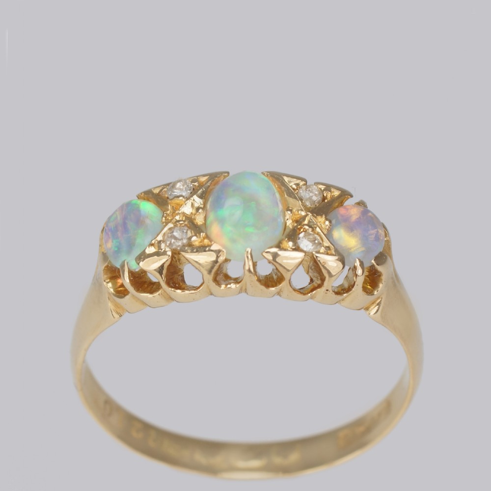Antique Opal & Old Cut Diamond 18ct Gold Vintage Trilogy Ring Hallmarked 1917 View VII