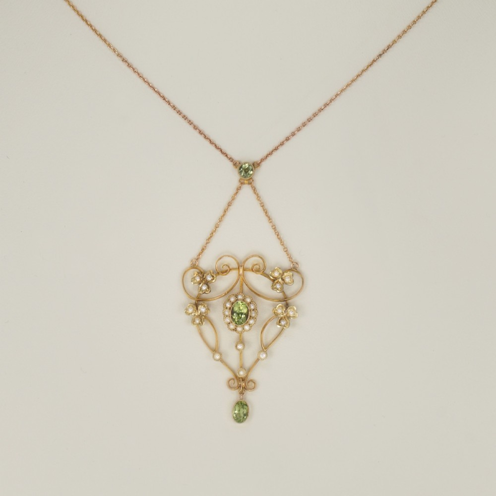 Edwardian Peridot & Seed Pearl Necklace Antique 9ct Gold Floral Scroll Necklace View IV