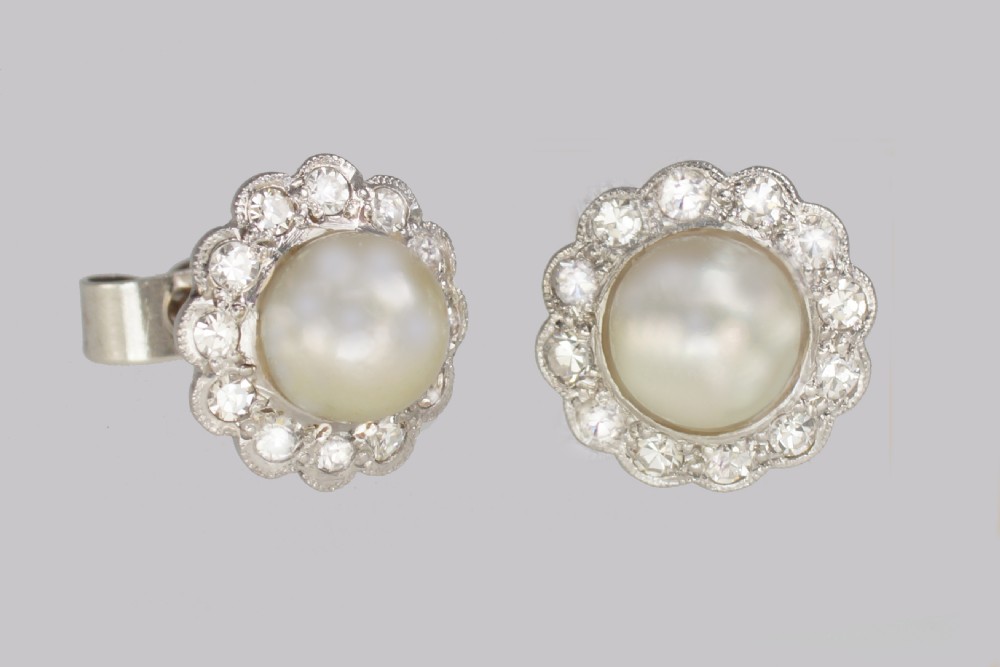 Vintage Pearl & Diamond Cluster Earrings 18ct Gold 1940s Earrings Post Fittings View III