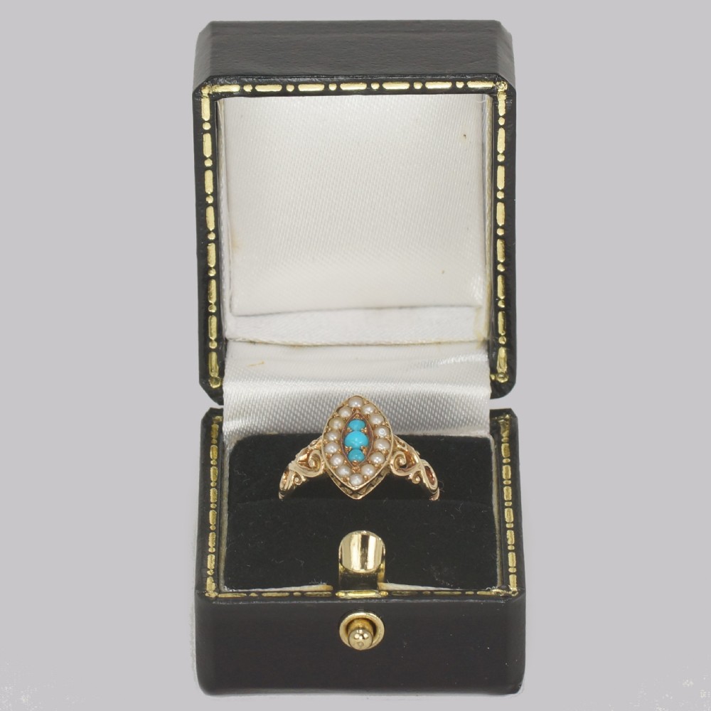 Antique Turquoise & Pearl Ring 18ct Gold Victorian Navette Shaped Ring circa 1890 View XI