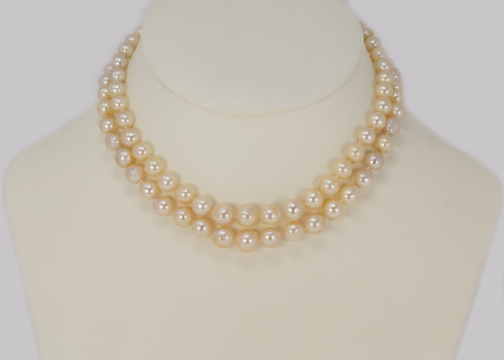 Vintage Pearl Necklace with 9ct Gold Diamanté Bow Clasp Two Strand 15