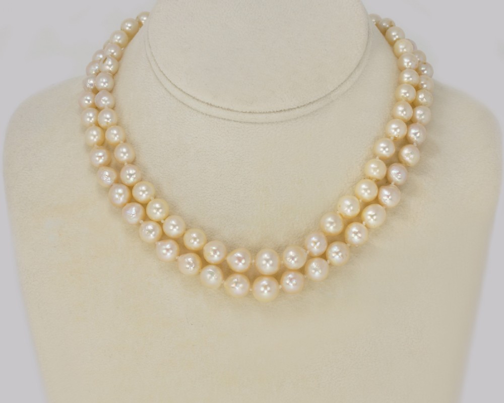 Vintage Pearl Necklace with 9ct Gold Diamanté Bow Clasp Two Strand 15