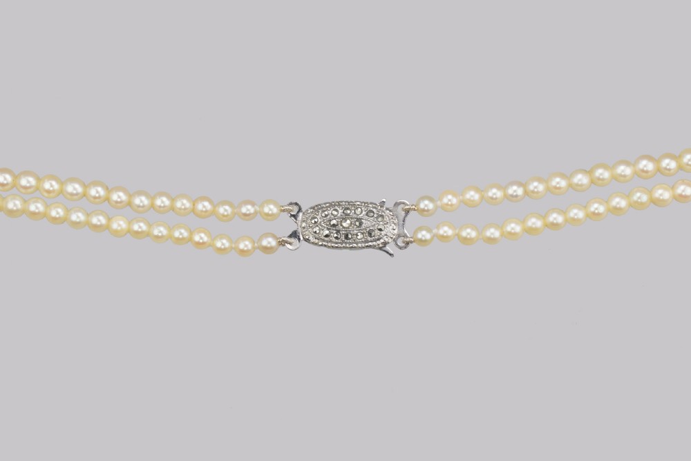 Vintage Natural Pearl Necklace with Sterling Silver Art Deco Clasp Double Strand 18