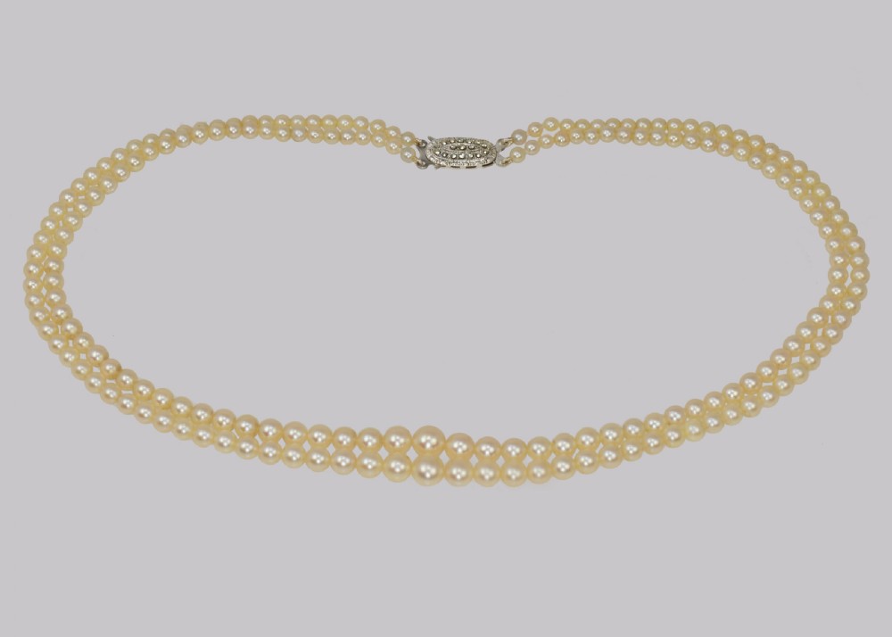 Vintage Natural Pearl Necklace with Sterling Silver Art Deco Clasp Double Strand 18