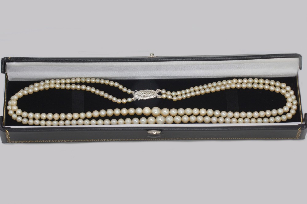 Vintage Natural Pearl Necklace with Sterling Silver Art Deco Clasp Double Strand 18