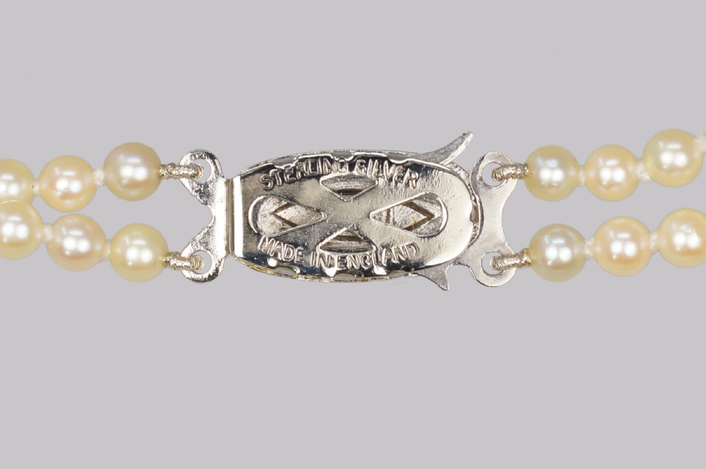 Vintage Natural Pearl Necklace with Sterling Silver Art Deco Clasp Double Strand 18