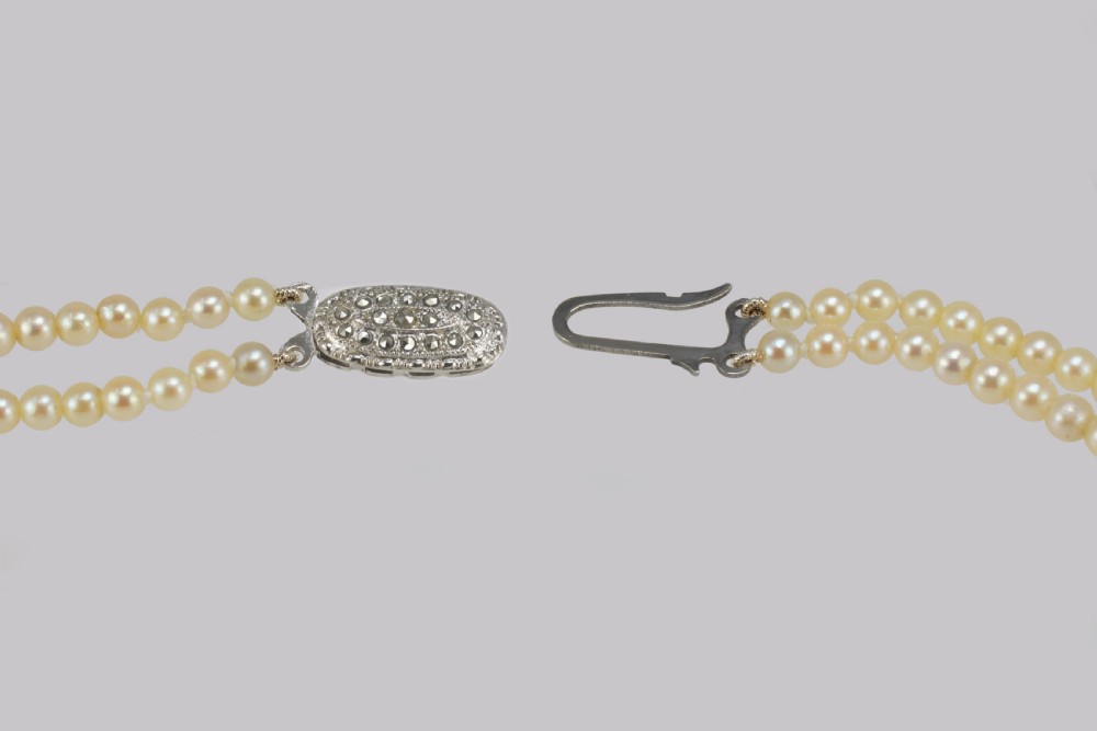 Vintage Natural Pearl Necklace with Sterling Silver Art Deco Clasp Double Strand 18