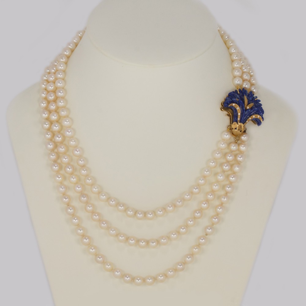 Vintage Pearl Necklace 18ct Gold Lapis Lazuli Clasp Triple Strand 24