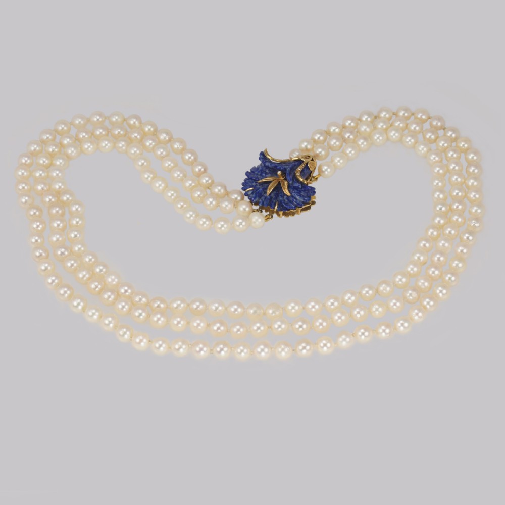 Vintage Pearl Necklace 18ct Gold Lapis Lazuli Clasp Triple Strand 24