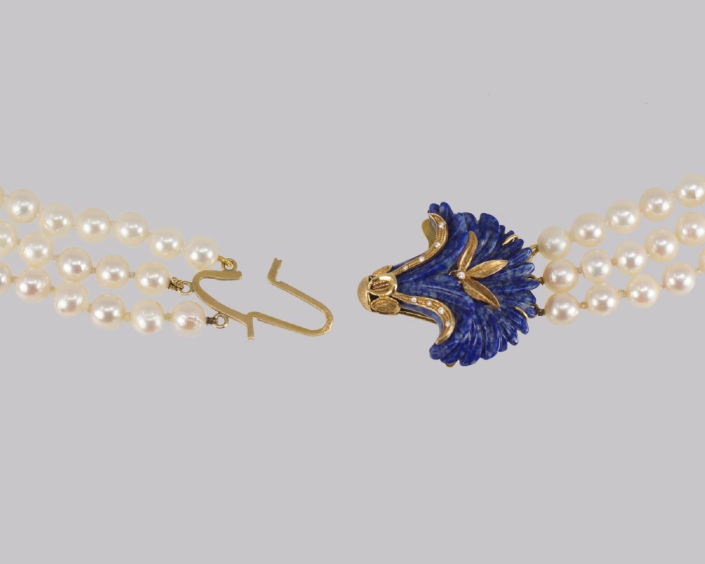 Vintage Pearl Necklace 18ct Gold Lapis Lazuli Clasp Triple Strand 24